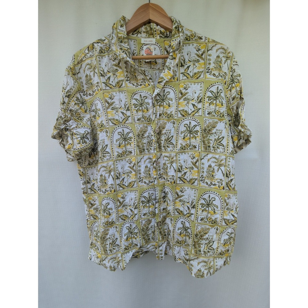 C&C California 100% Linen Tropical‎ Tile Shirt XL Flamingo Palm Tree Button Up